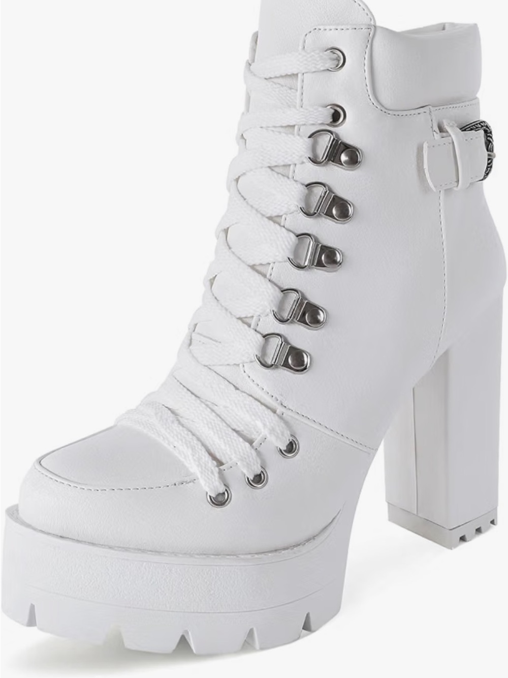 Chunky White Lace-Up Ankle Boots with Buckle Accent